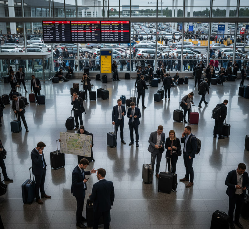 Frustrated travelers dealing with flight delays and transportation coordination challenges