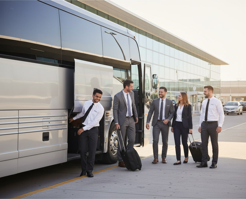 Professional charter bus service providing reliable airport transfers for business groups